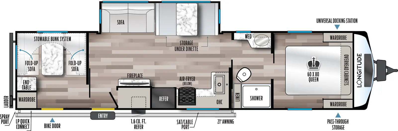 The 319BH has one slideout and one entry. Exterior features front pass-thru storage with universal docking station, 21 foot awning, refrigerator, bike door, LP quick connect, spray port and ladder. Interior layout front to back: foot-facing queen bed with overhead cabinet and wardrobes on each side; full pass-thru bathroom with linen closet and medicine cabinet; off-door side slideout with dinette with storage below, and sofa; kitchen counter with sink along inner wall wraps to door side with overhead cabinet, microwave, cooktop with air fryer below, refrigerator, fireplace, closet and entry; rear bunk room with off-door side fold-up sofas with table, and stowable bunk system, and door side wardrobe and end table.